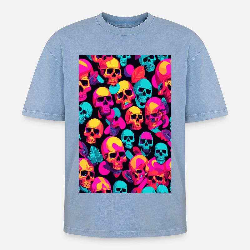 Neon Totenköpfe - Oversized Unisex Premium Acid-Washed T-Shirt - Blau Acid Wash