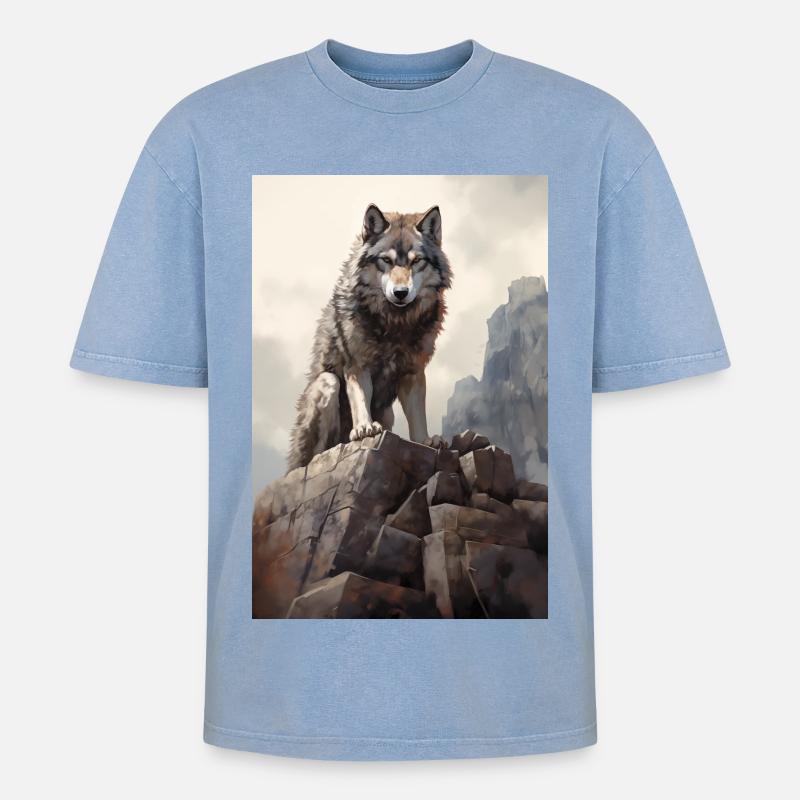 Wolf Illustration - Oversized Unisex Premium Acid-Washed T-Shirt - Blau Acid Wash