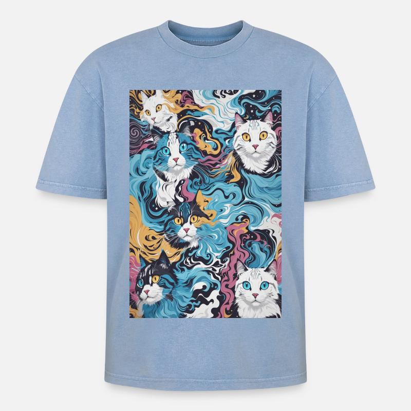 Cat Pattern - Oversized Unisex Premium Acid-Washed T-Shirt - acid washed blue