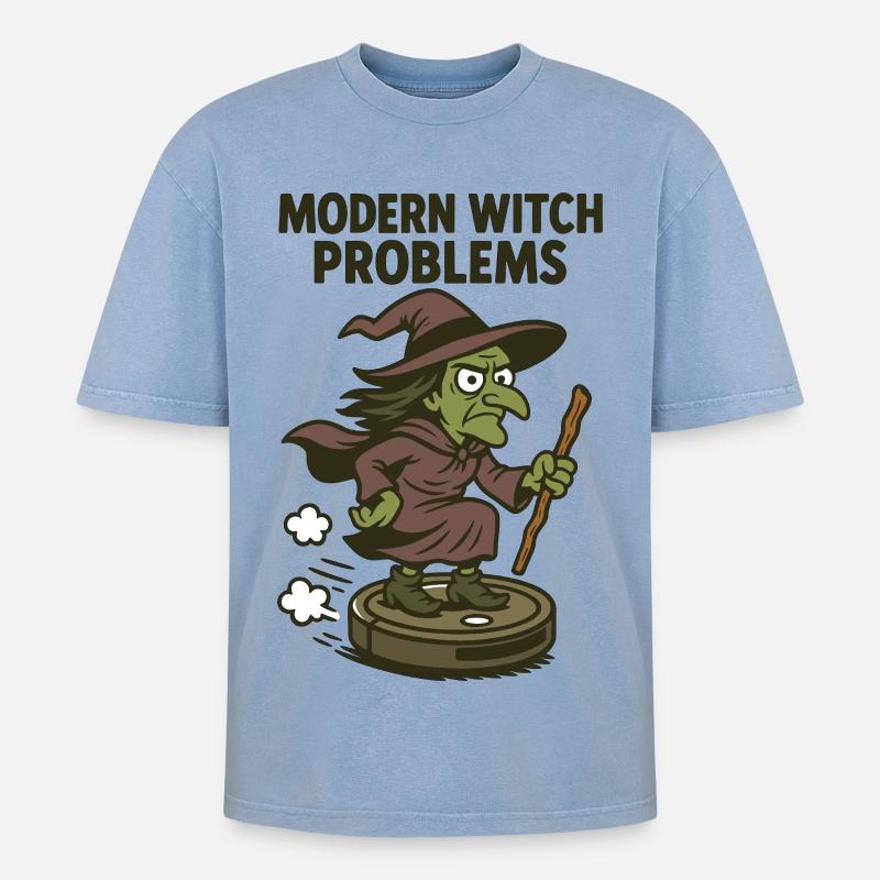 Modern Witch Problems – Lustiges Hexen Design - Oversized Unisex Premium Acid-Washed T-Shirt - Blau Acid Wash