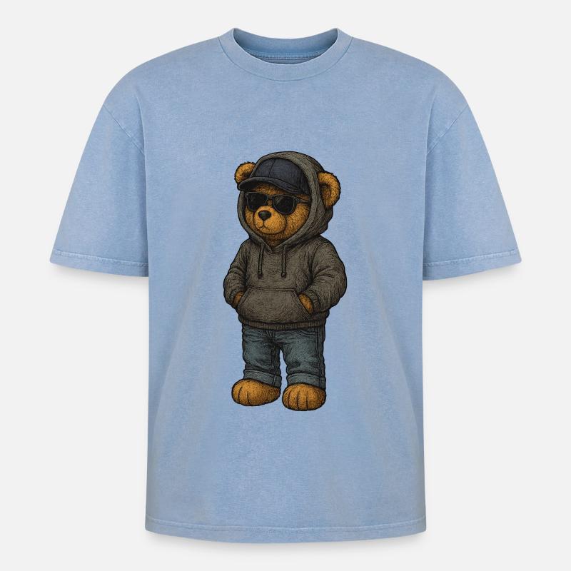 Urban Kapuzenpullover Bär - Oversized Unisex Premium Acid-Washed T-Shirt - Blau Acid Wash