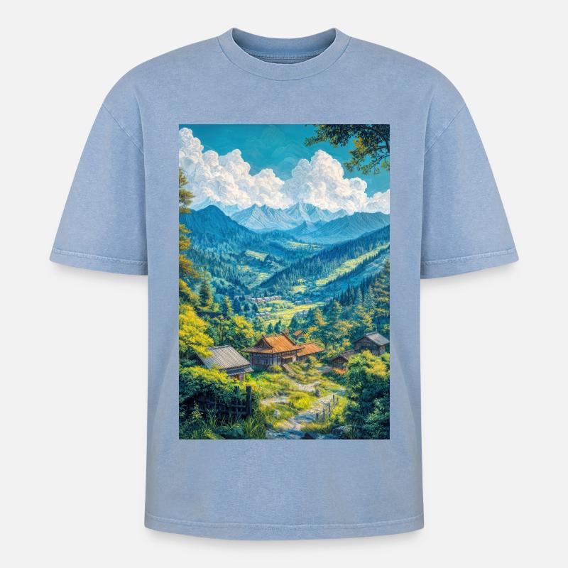Illustration einer japanischen Landschaft - Oversized Unisex Premium Acid-Washed T-Shirt - Blau Acid Wash