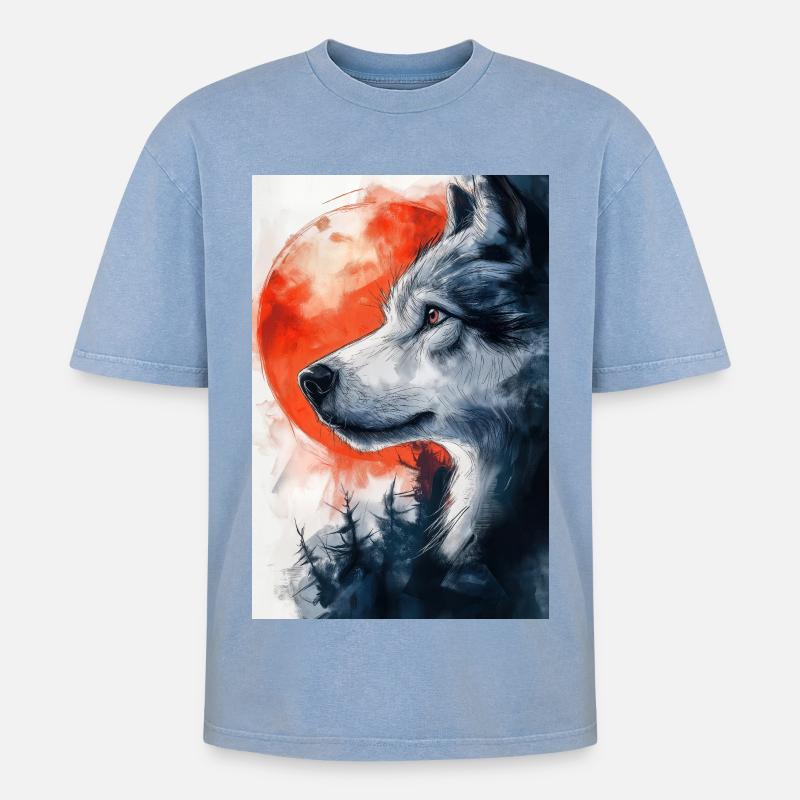 Illustration eines Wolfes - Oversized Unisex Premium Acid-Washed T-Shirt - Blau Acid Wash