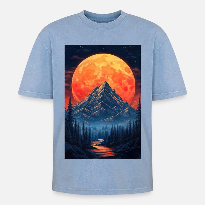 Illustration einer Gebirgslandschaft - Oversized Unisex Premium Acid-Washed T-Shirt - Blau Acid Wash