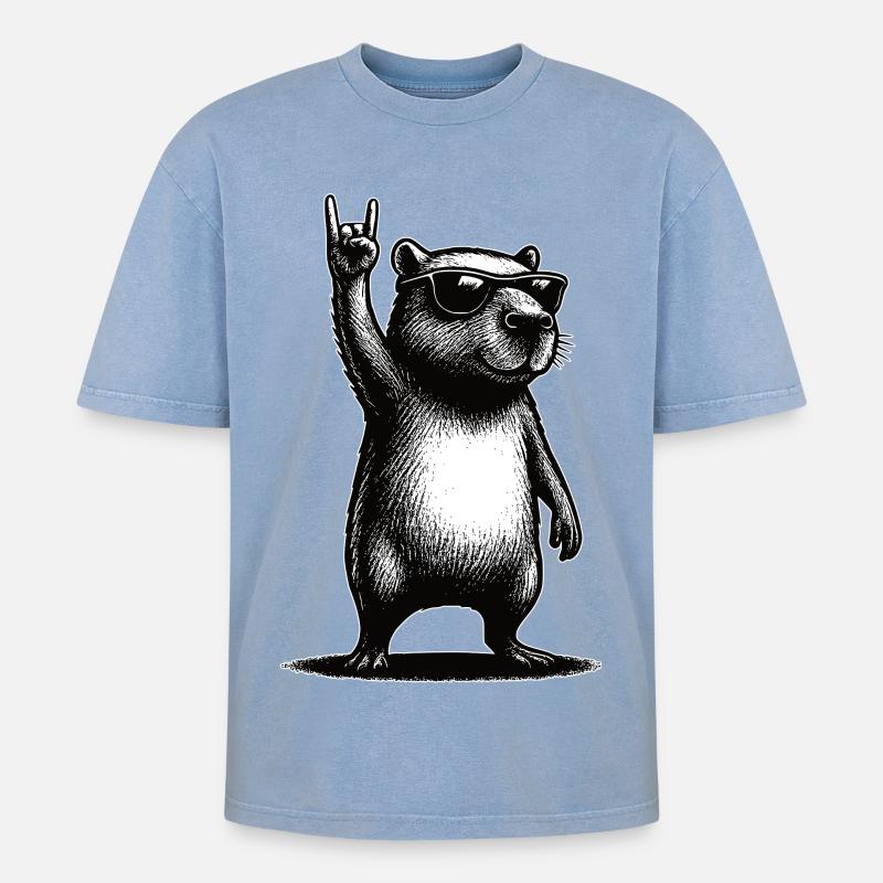 Rock Capybara - Oversized Unisex Premium Acid-Washed T-Shirt - Blau Acid Wash