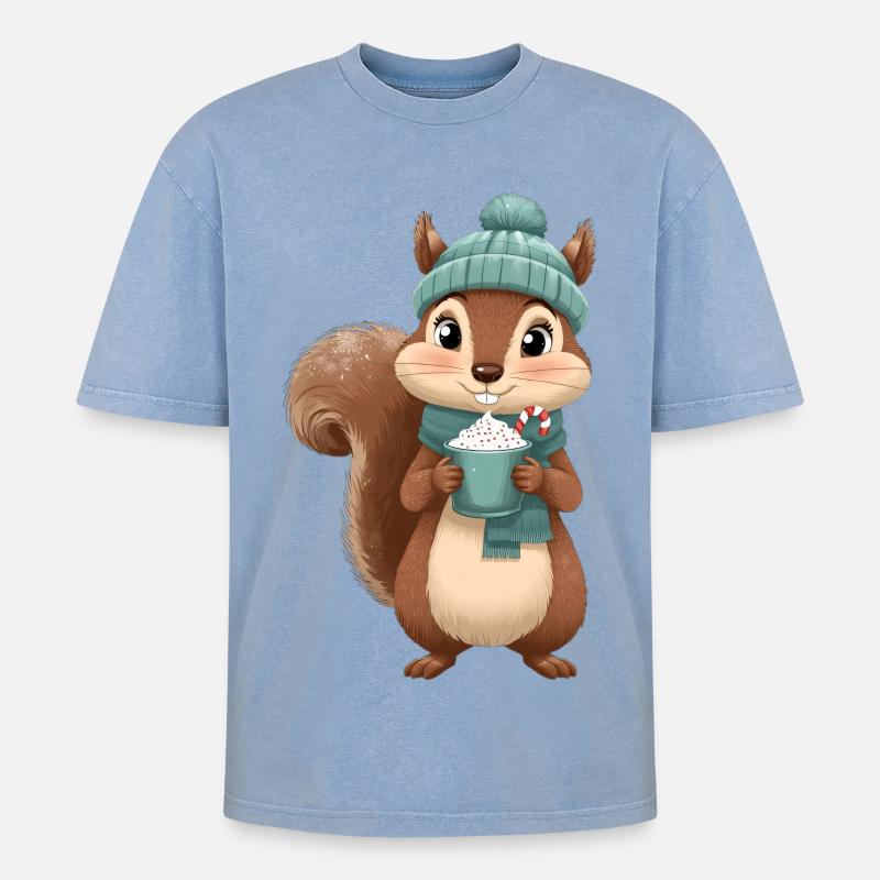 Winterliches Eichhörnchen mit Heißgetränk - Oversized Unisex Premium Acid-Washed T-Shirt - Blau Acid Wash