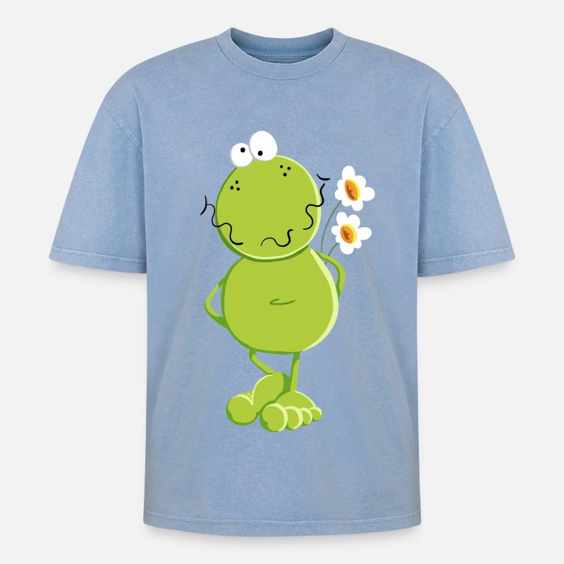 Frosch mit Blumen - Oversized Unisex Premium Acid-Washed T-Shirt - Blau Acid Wash