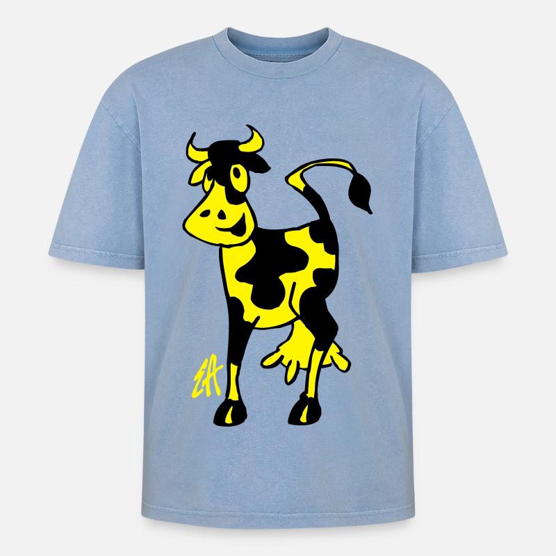 Kuh - Oversized Unisex Premium Acid-Washed T-Shirt - Blau Acid Wash