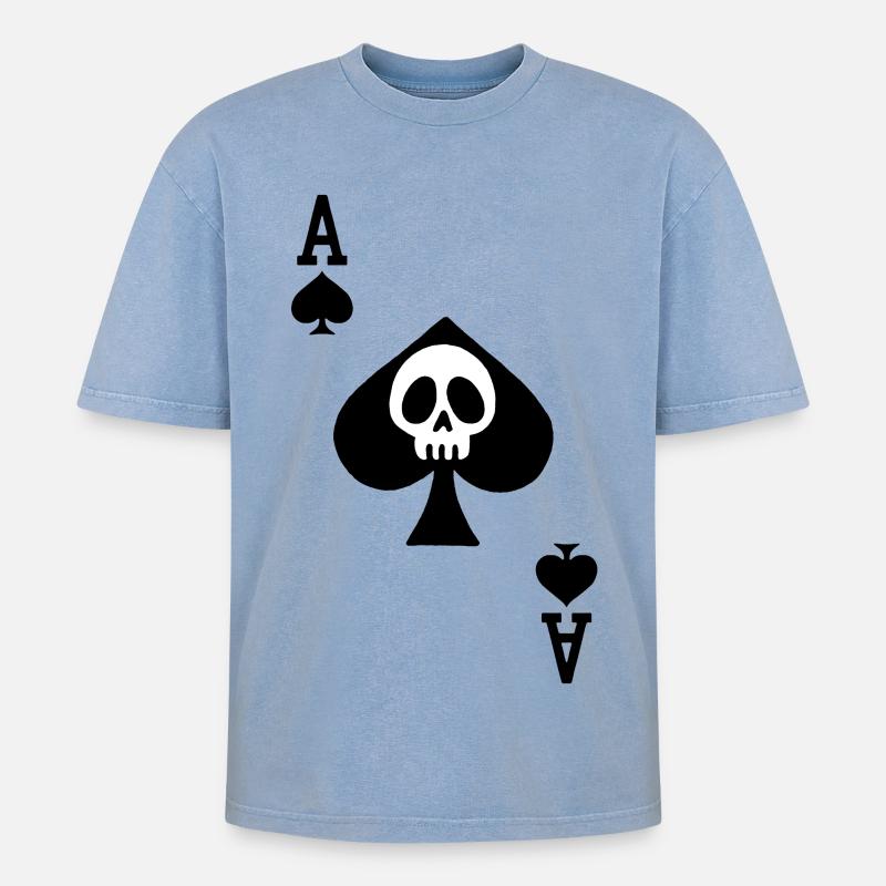 Schädel und Pik-Ass - Oversized Unisex Premium Acid-Washed T-Shirt - Blau Acid Wash