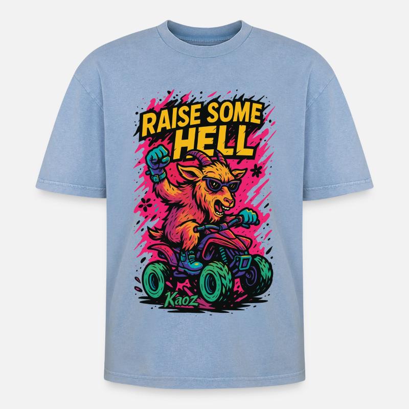 Raise Some Hell Ziege mit Quad - Oversized Unisex Premium Acid-Washed T-Shirt - Blau Acid Wash