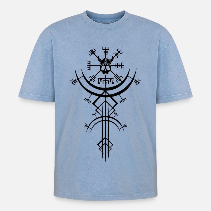 Schwarzer Totenkopf und Wikinger-Kompass - Oversized Unisex Premium Acid-Washed T-Shirt - Blau Acid Wash