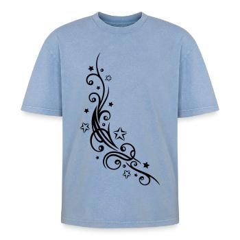 Tribal Tattoo ornament with stars. - Oversized Unisex Premium Acid-Washed T-Shirt - acid washed blue - Front - AI Model Female 172 dark (172cm) & AI Model Male 185 dark (185cm)