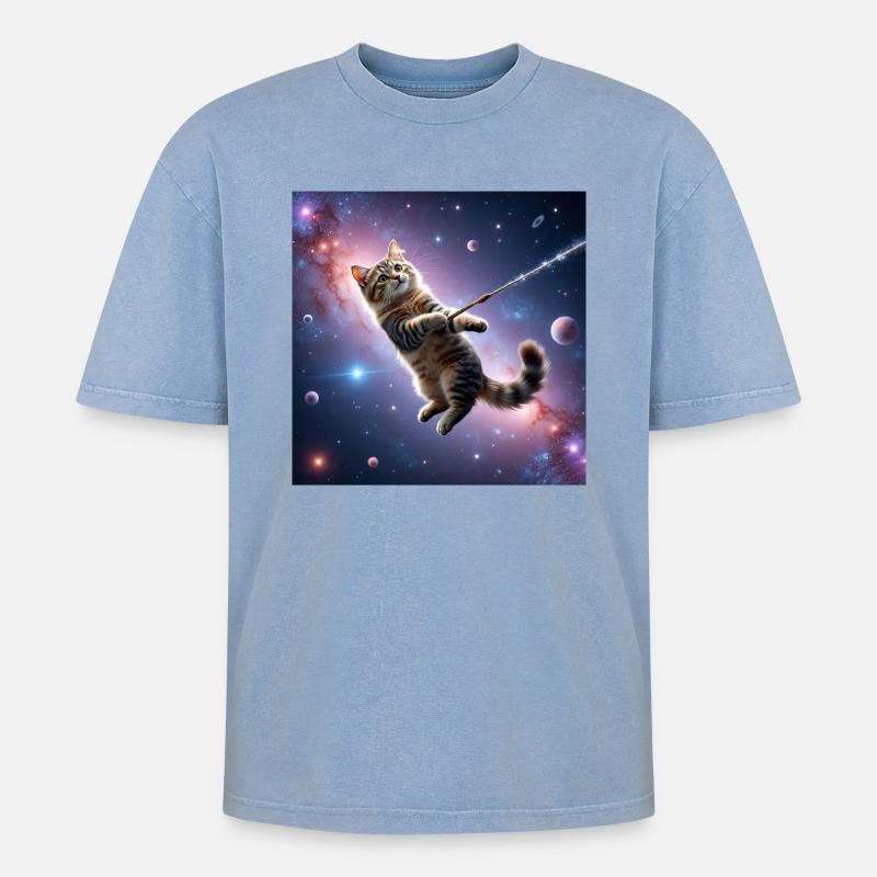 Katze im All - Oversized Unisex Premium Acid-Washed T-Shirt - Blau Acid Wash