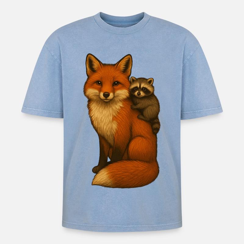 Fuchs und Waschbär - Oversized Unisex Premium Acid-Washed T-Shirt - Blau Acid Wash