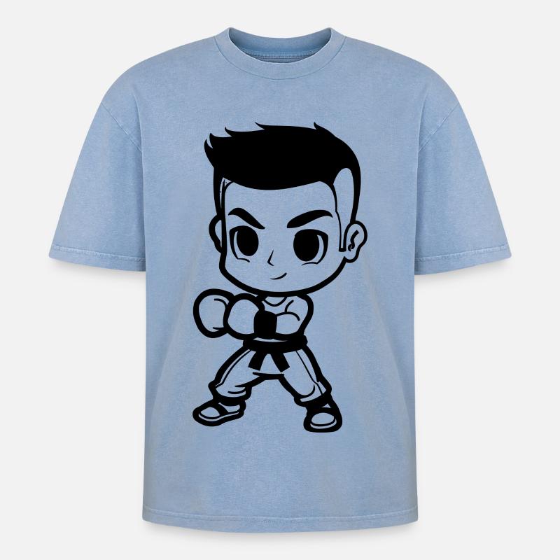 Kickboxing Junge Comic Look - Oversized Unisex Premium Acid-Washed T-Shirt - Blau Acid Wash