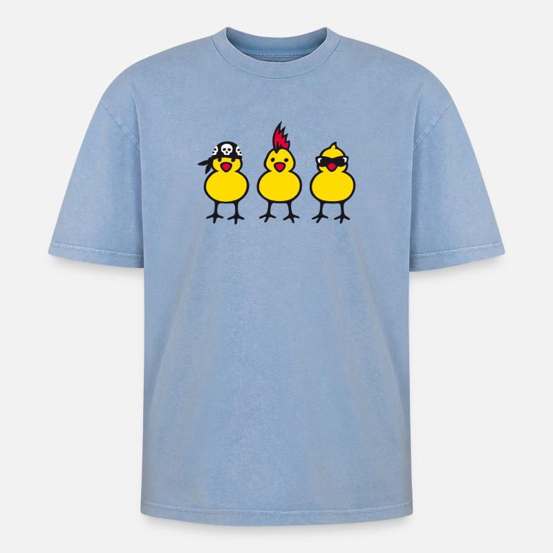 Three Chicks - Oversized Unisex Premium Acid-Washed T-Shirt - Blau Acid Wash