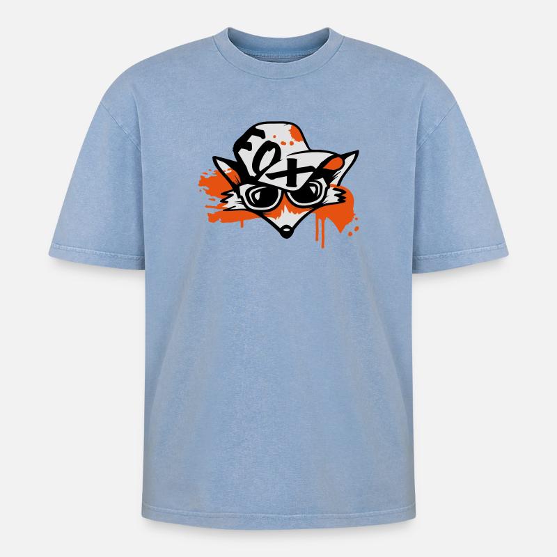 Fuchs mit Baseballkappe - Oversized Unisex Premium Acid-Washed T-Shirt - Blau Acid Wash