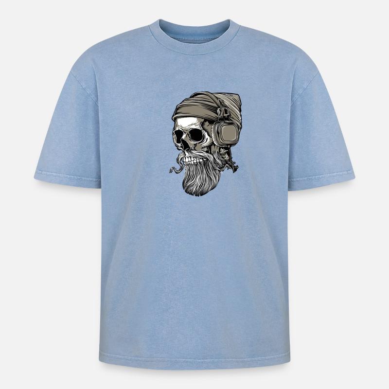Bart Hipster Skull mit Kopfhörer - Oversized Unisex Premium Acid-Washed T-Shirt - Blau Acid Wash