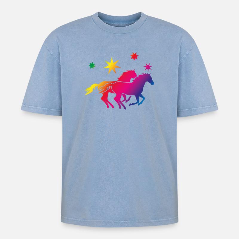 Regenbogenpferde Sternenglanz - Oversized Unisex Premium Acid-Washed T-Shirt - Blau Acid Wash