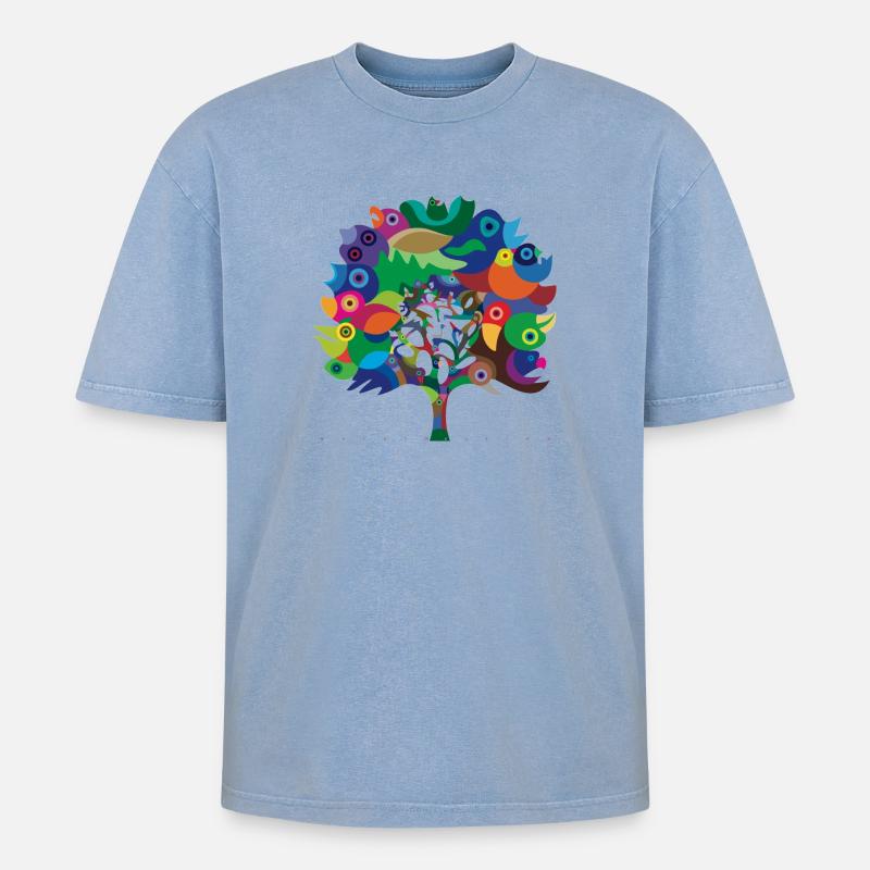 Overbirded Tree - Oversized Unisex Premium Acid-Washed T-Shirt - Blau Acid Wash