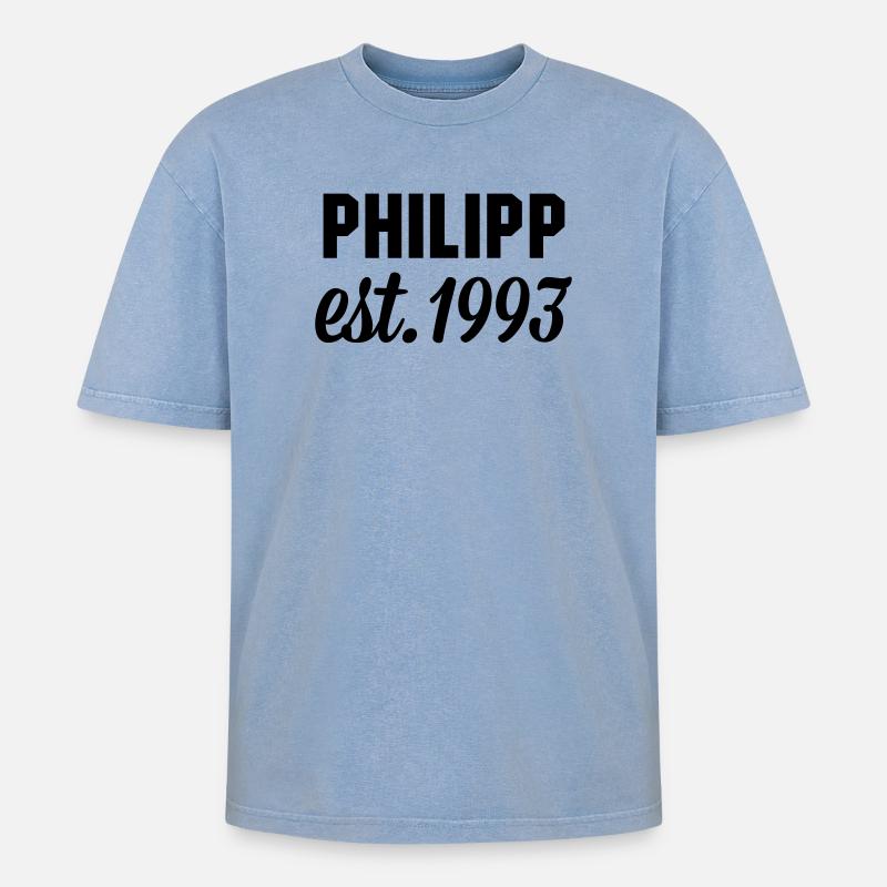 Philipp est 1993 - Oversized Unisex Premium Acid-Washed T-Shirt - Blau Acid Wash