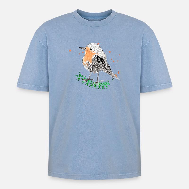 Rotkehlchen - Oversized Unisex Premium Acid-Washed T-Shirt - Blau Acid Wash
