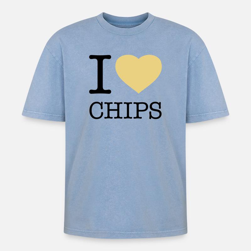 I LOVE CHIPS - Oversized Unisex Premium Acid-Washed T-Shirt - acid washed blue