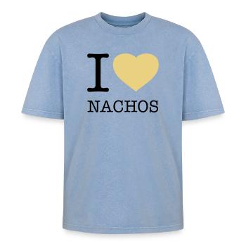 I LOVE NACHOS - Oversized Unisex Premium Acid-Washed T-Shirt - acid washed blue - Front - AI Model Female 172 dark (172cm) & AI Model Male 185 dark (185cm)