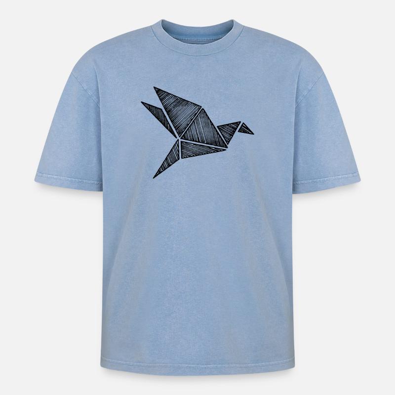 Origami Vogel - Oversized Unisex Premium Acid-Washed T-Shirt - Blau Acid Wash