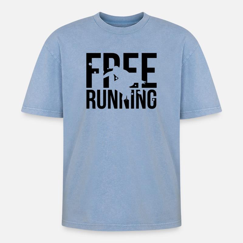 free running - Oversized Unisex Premium Acid-Washed T-Shirt - Blau Acid Wash