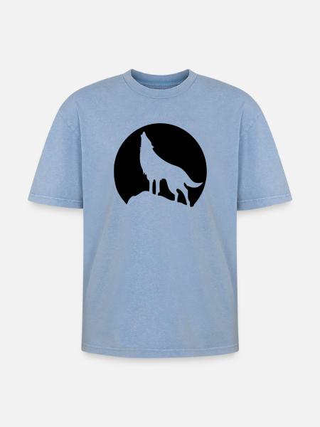 Wolf - Mond - Oversized Unisex Premium Acid-Washed T-Shirt - Blau Acid Wash