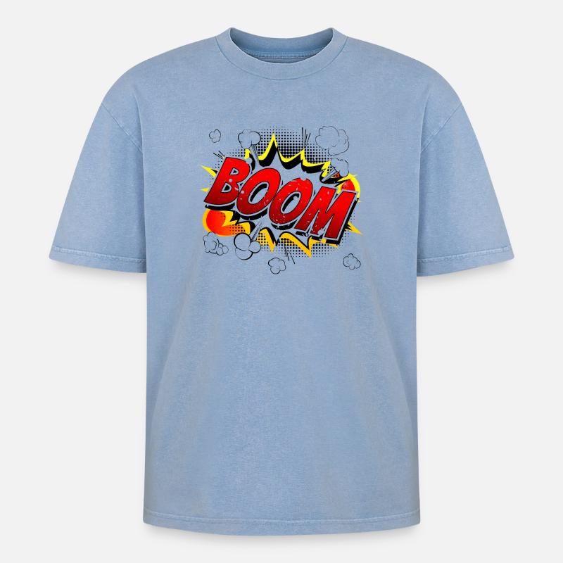 Boom Comic Grafik - Oversized Unisex Premium Acid-Washed T-Shirt - Blau Acid Wash