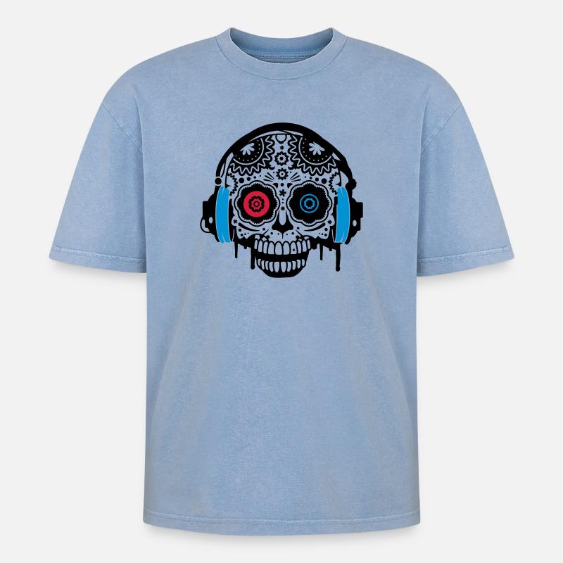 Sugar Skull mit Kopfhörer - Oversized Unisex Premium Acid-Washed T-Shirt - Blau Acid Wash