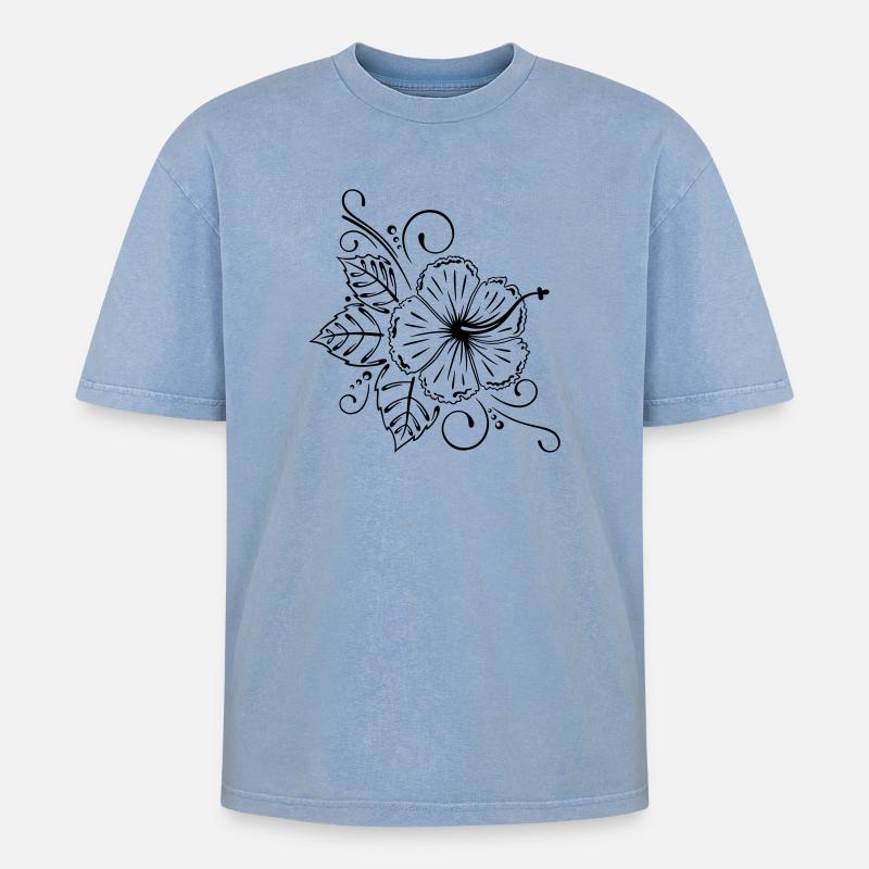 Große Hibiskus Blüte mit Blättern. - Oversized Unisex Premium Acid-Washed T-Shirt - Blau Acid Wash