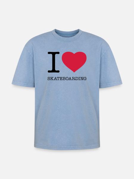 I LOVE SKATEBOARDING Skateboard - Oversized Unisex Premium Acid-Washed T-Shirt - acid washed blue