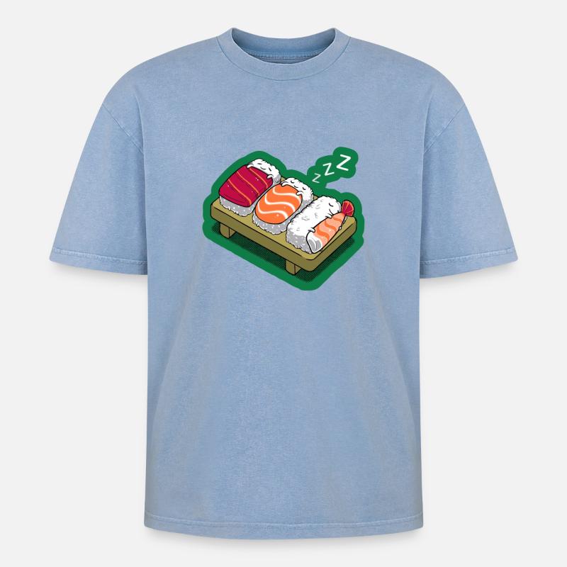 Sushi-Nickerchen - Oversized Unisex Premium Acid-Washed T-Shirt - Blau Acid Wash