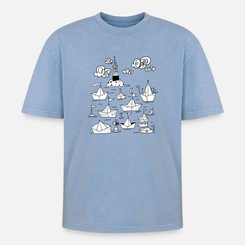 Papierschiffchen mit Leuchtturm - Oversized Unisex Premium Acid-Washed T-Shirt - Blau Acid Wash
