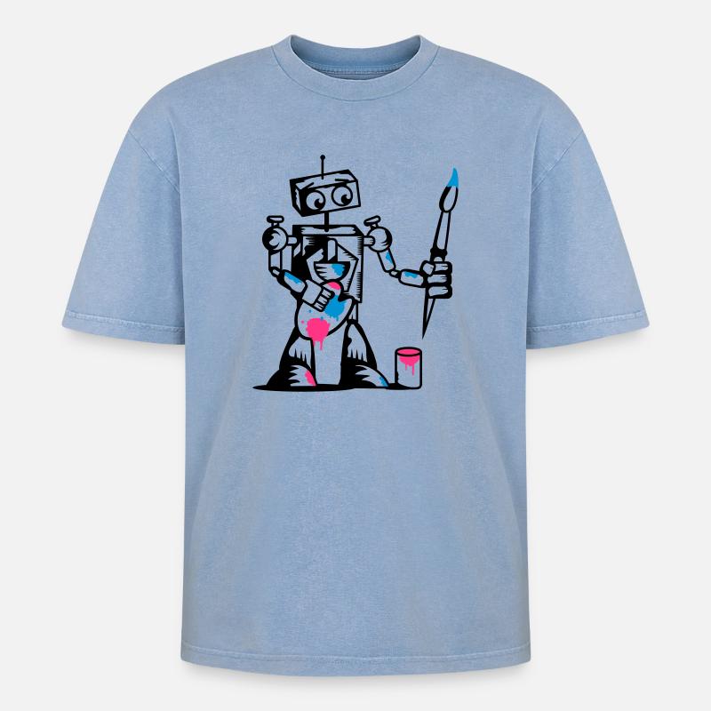 Roboter mit einem Pinsel - Oversized Unisex Premium Acid-Washed T-Shirt - Blau Acid Wash