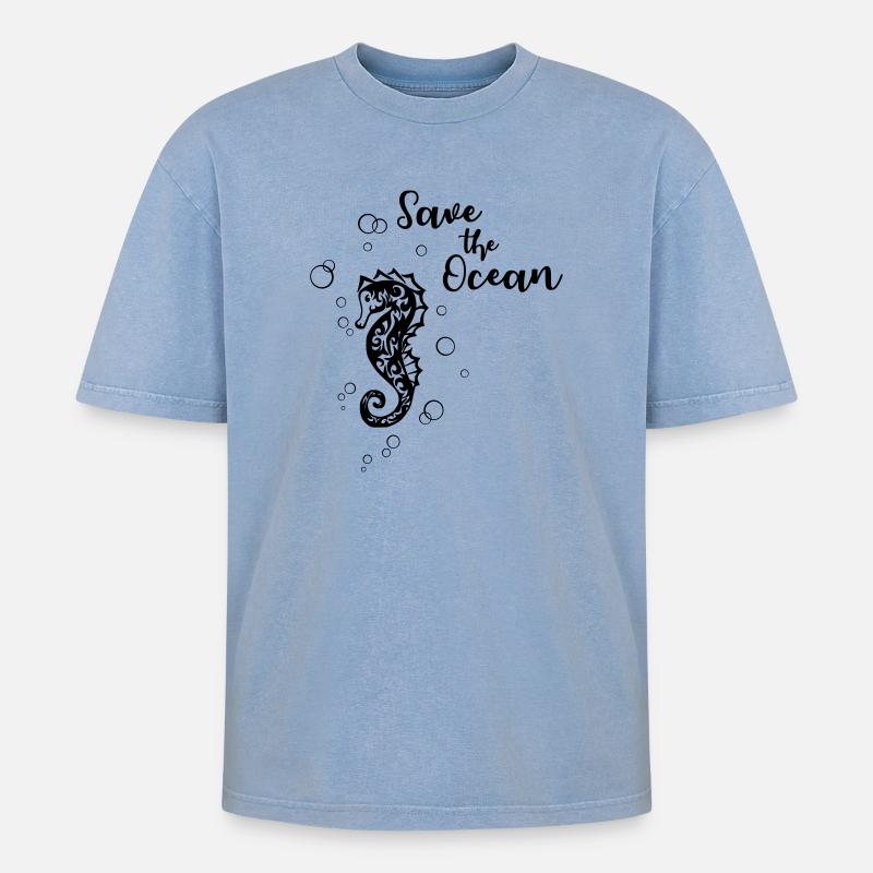 Save the Ocean - Seepferd - Oversized Unisex Premium Acid-Washed T-Shirt - Blau Acid Wash