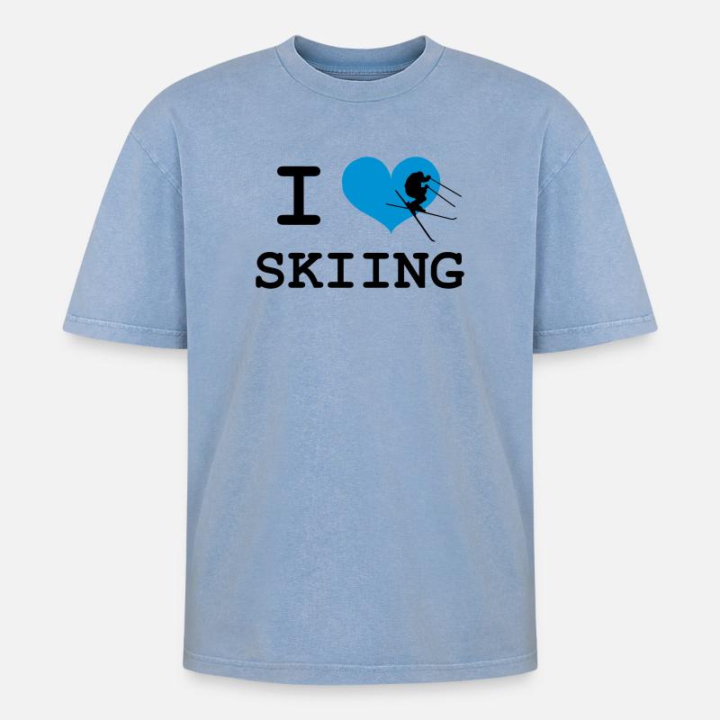 I Love Skiing - Oversized Unisex Premium Acid-Washed T-Shirt - Blau Acid Wash