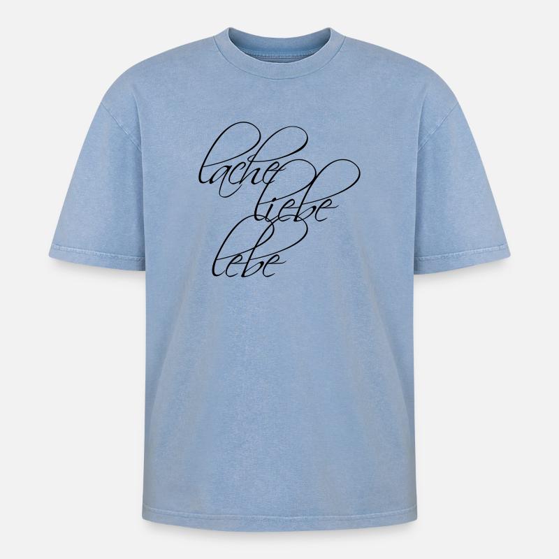 Design: Lache Liebe Lebe - Oversized Unisex Premium Acid-Washed T-Shirt - Blau Acid Wash