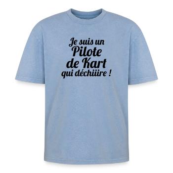 Karting / Kart / Go-Kart / Sport / Driver - Oversized Unisex Premium Acid-Washed T-Shirt - acid washed blue - Front - AI Model Female 172 dark (172cm) & AI Model Male 185 dark (185cm)