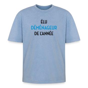 frachtführer / möbelpacker / mover / bewegen - Oversized Unisex Premium Acid-Washed T-Shirt - Blau Acid Wash - Vorne - AI Model Female 172 dark (172cm) & AI Model Male 185 dark (185cm)
