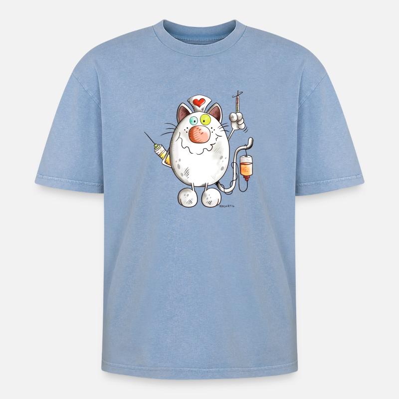 Krankenschwester Katze mit Herz - Comic - Oversized Unisex Premium Acid-Washed T-Shirt - Blau Acid Wash