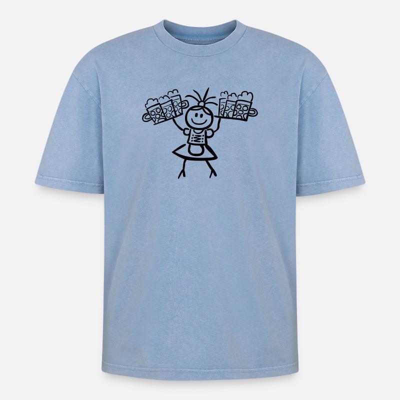 Kellnerin im Dirndl mit Biertablett - Oversized Unisex Premium Acid-Washed T-Shirt - Blau Acid Wash