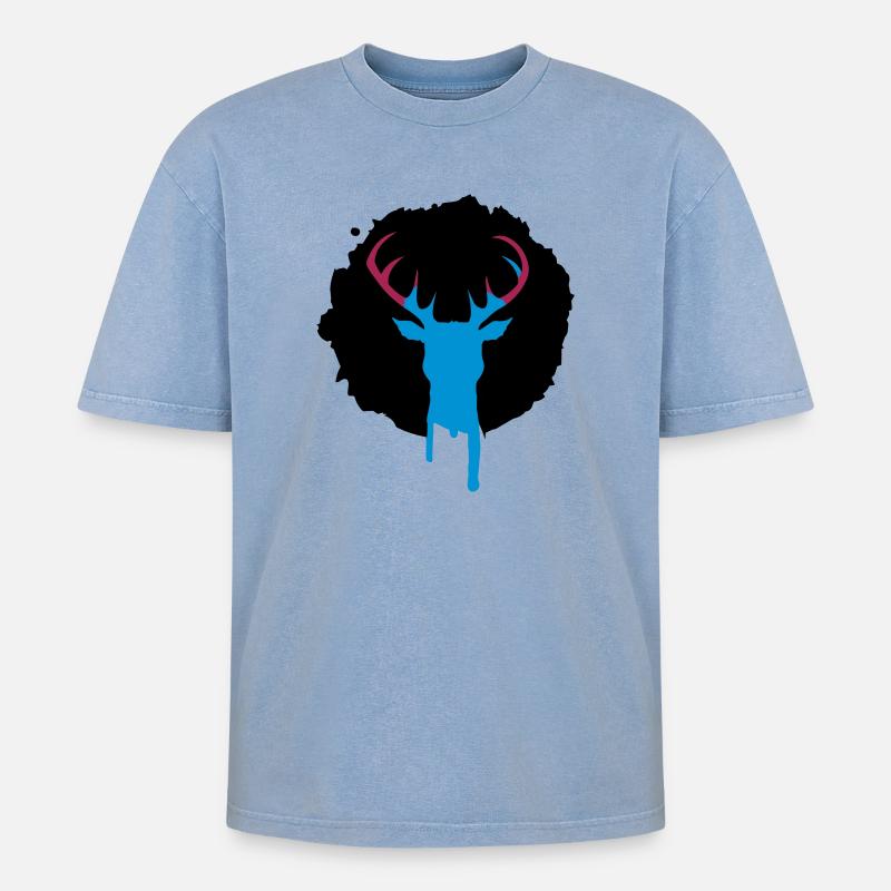 Hirsch Patch Graffiti - Oversized Unisex Premium Acid-Washed T-Shirt - Blau Acid Wash