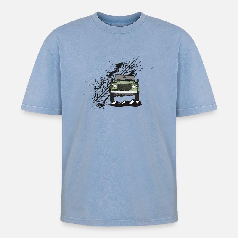 Defender Splash Front - Oversized Unisex Premium Acid-Washed T-Shirt - Blau Acid Wash