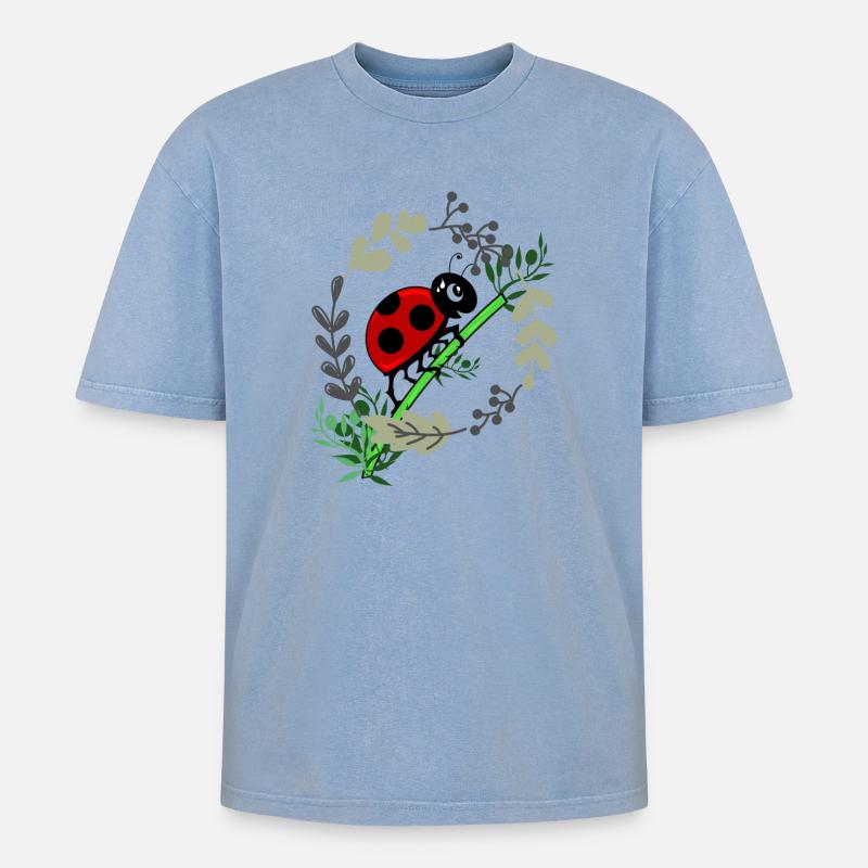 Marienkäfer Botanik Comicstyle - Oversized Unisex Premium Acid-Washed T-Shirt - Blau Acid Wash
