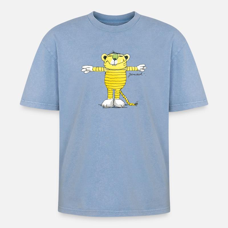Janosch Tiger Pose - Oversized Unisex Premium Acid-Washed T-Shirt - Blau Acid Wash
