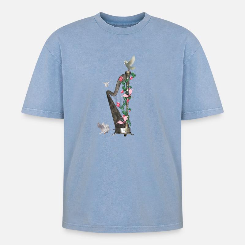 Wunderbare Harfe mit Taube - Oversized Unisex Premium Acid-Washed T-Shirt - Blau Acid Wash